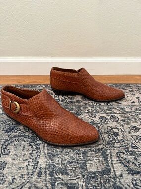 VINTAGE 90's Cole Haan Woven Brown Leather Pointy Toe Ankle Boots Women's 7.5